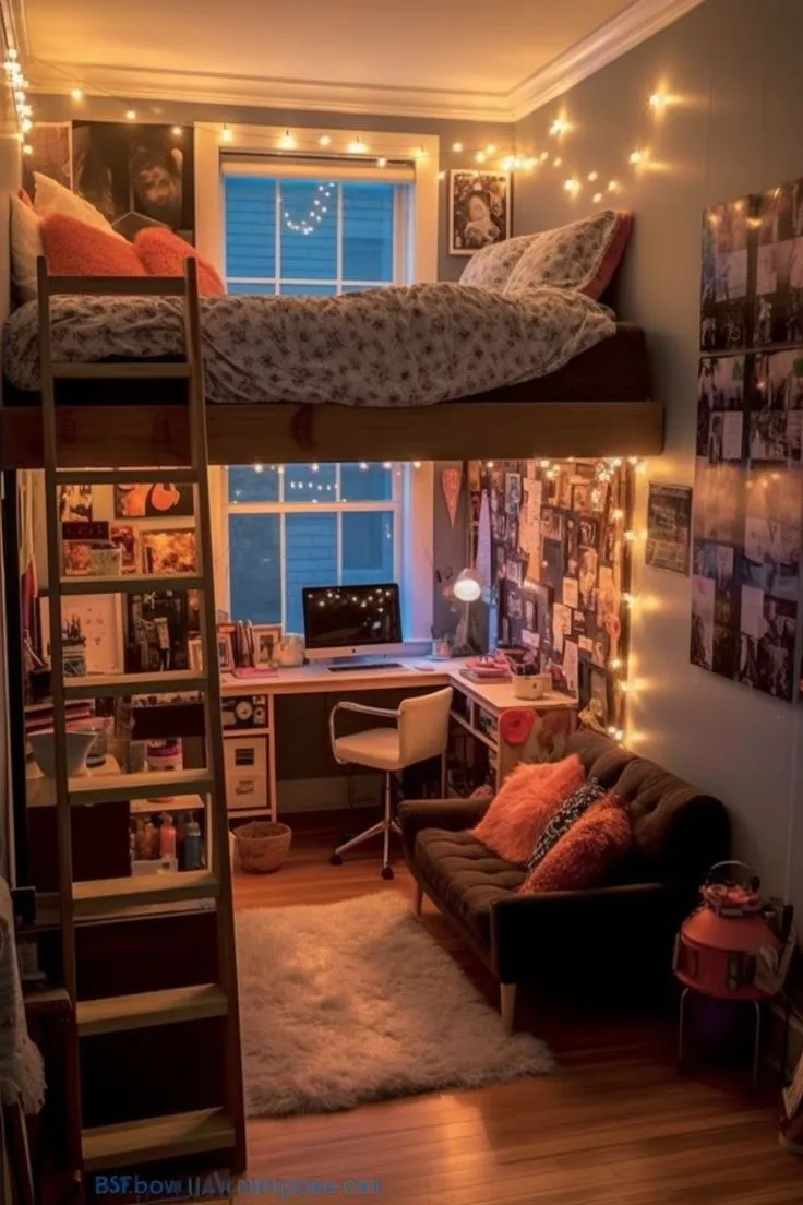 A room with a bunk bed and a couch in it.