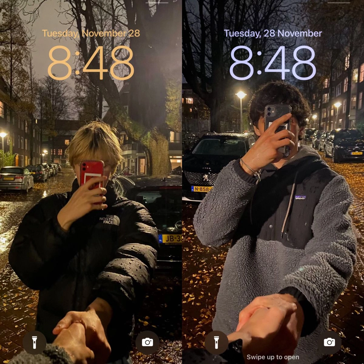A couple of people taking pictures of themselves in the rain.
