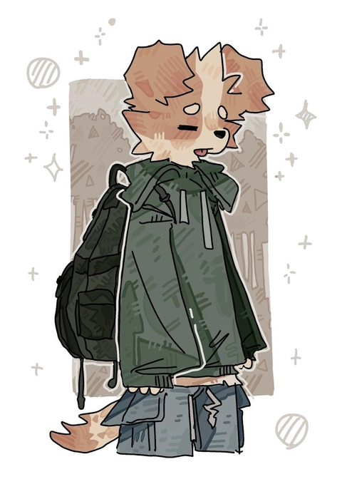 A drawing of a fox wearing a green coat.