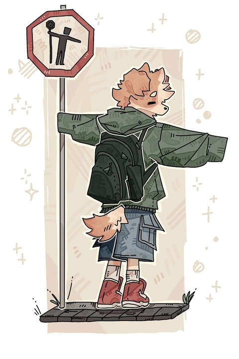 A drawing of a person standing in front of a stop sign.