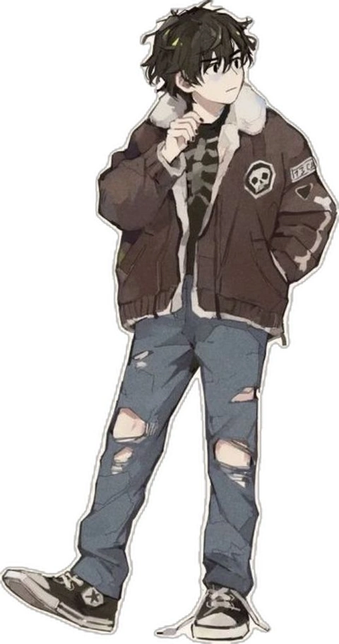 A drawing of a man in ripped jeans and a jacket.