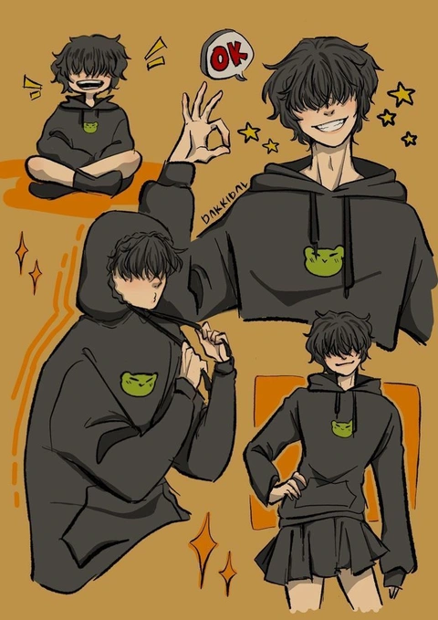 A drawing of a man in a black hoodie with a green cat on his chest.