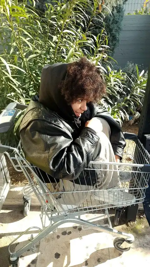 A woman sitting in a shopping cart in a field of corn.