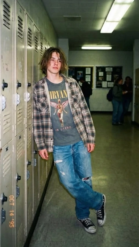 A young man standing in front of a row of lockers.