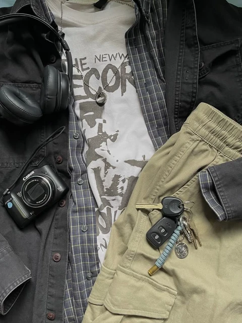 A group of clothes and a camera are shown.